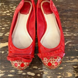 Christian Dior Red Patent Leather Cannage Ballet Flats Gold Cage Toe Bow